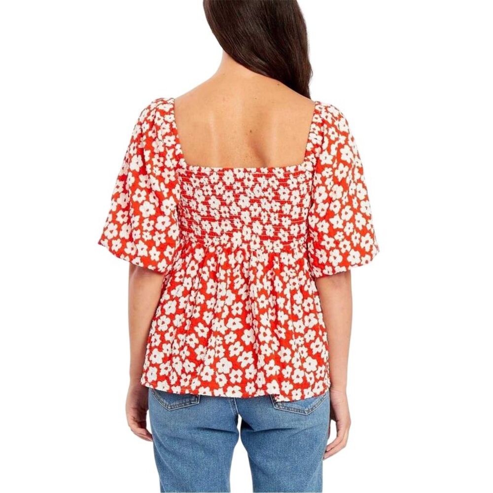 Be You Womens/Ladies Waffle Square Neck Puff Sleeve Blouse / Red/White